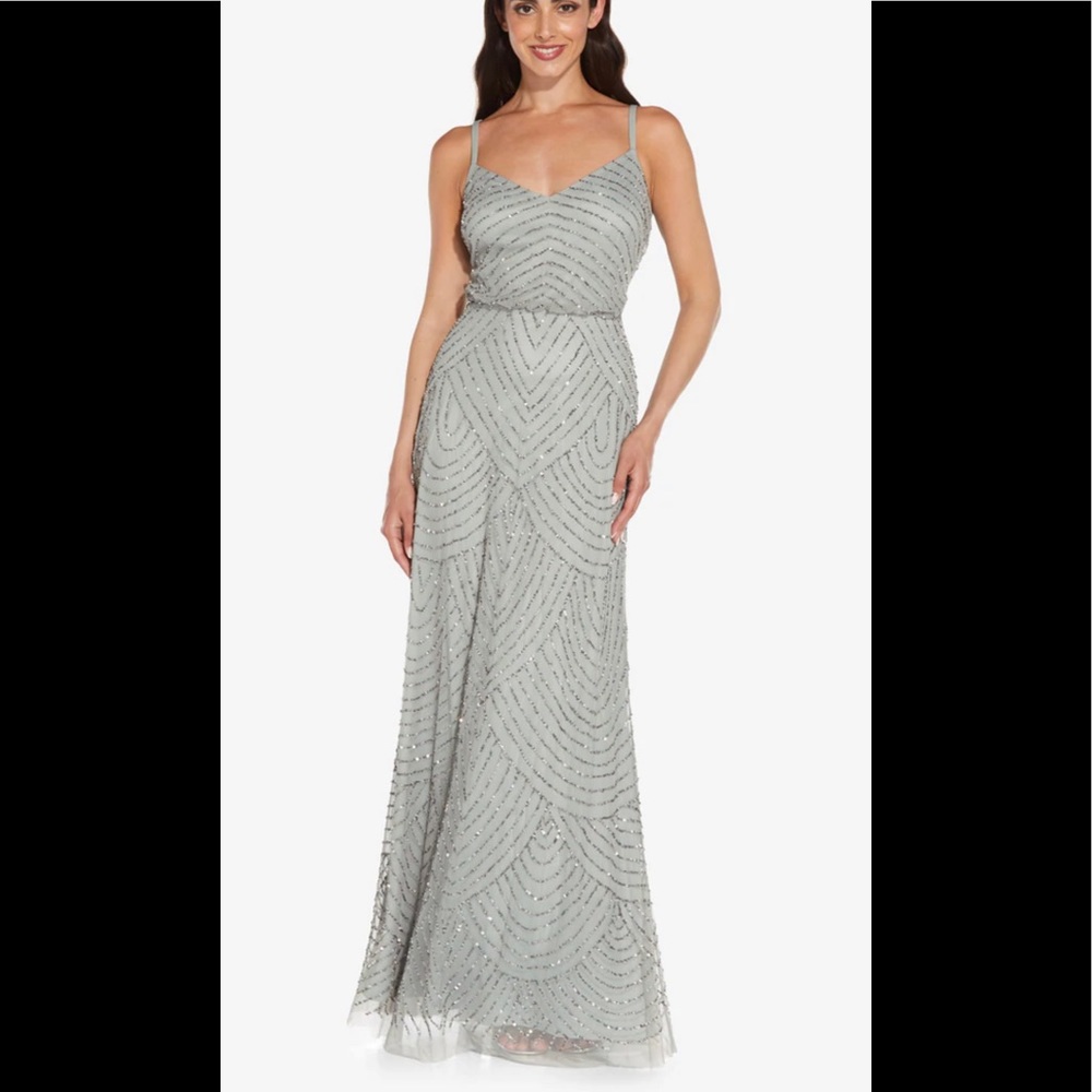 NWT Adrianna Papell Art Deco Beaded Gown, Grey, Sz 8